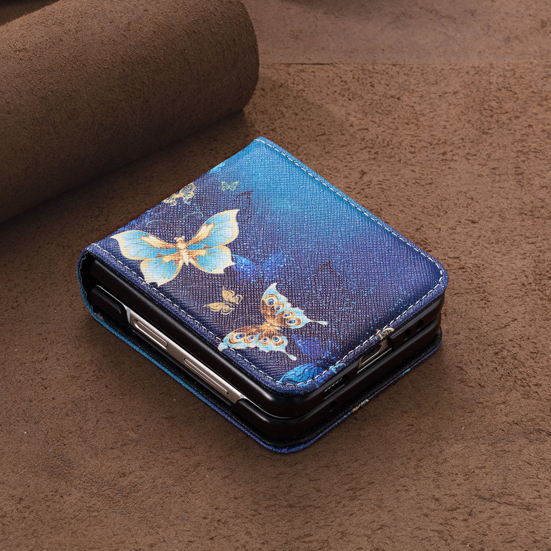 Uniqkart for Samsung Galaxy Z Flip5 5G PU Leather+PC Phone Case Pattern Printing Protective Cover - Golden Butterflies