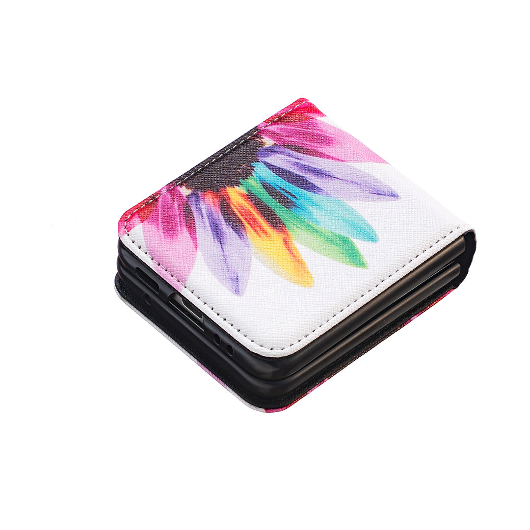 Uniqkart for Samsung Galaxy Z Flip5 5G PU Leather+PC Phone Case Pattern Printing Protective Cover - Sunflower