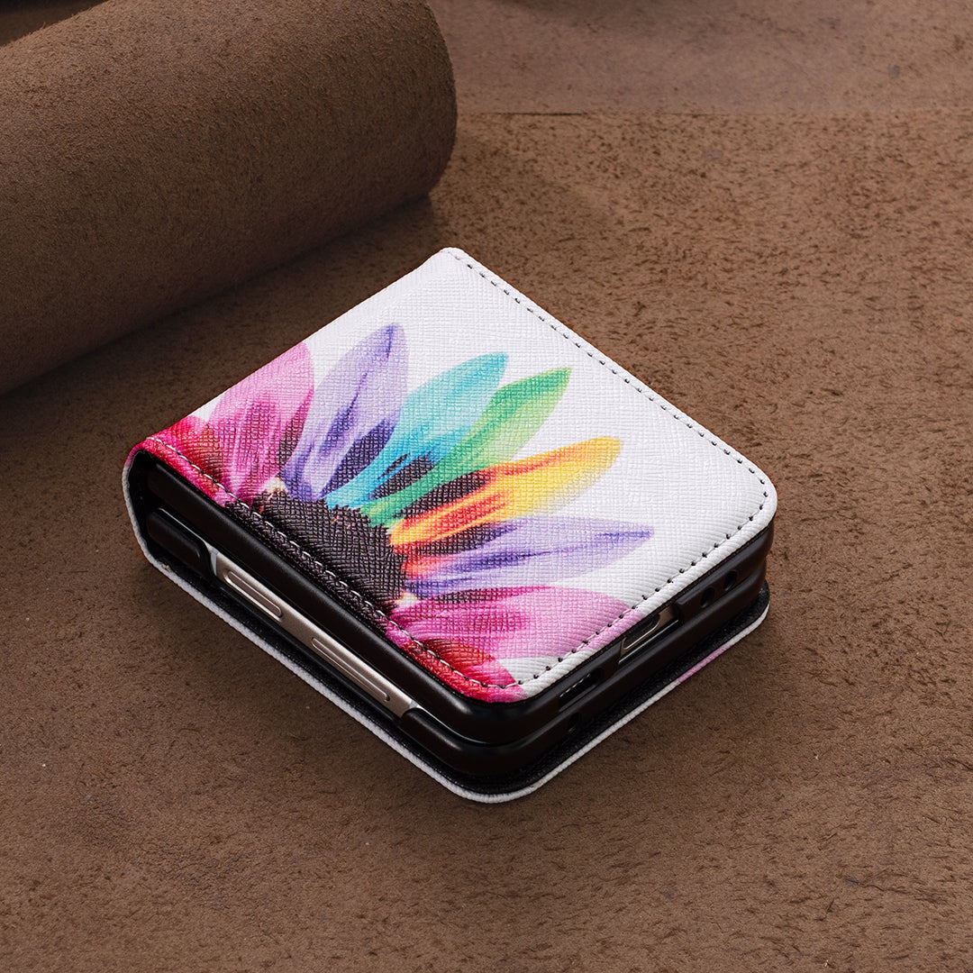Uniqkart for Samsung Galaxy Z Flip5 5G PU Leather+PC Phone Case Pattern Printing Protective Cover - Sunflower