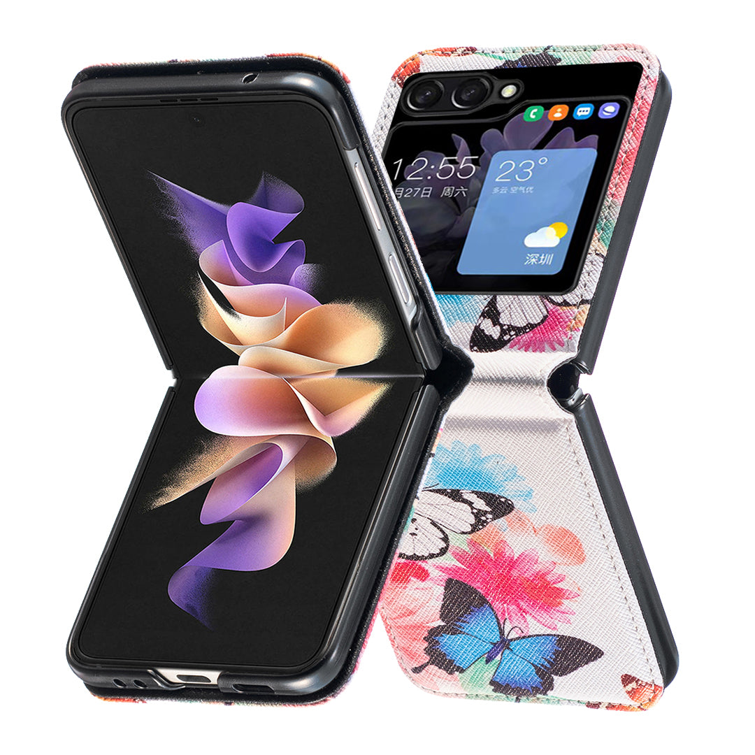 Uniqkart for Samsung Galaxy Z Flip5 5G PU Leather+PC Phone Case Pattern Printing Protective Cover - Two Butterflies