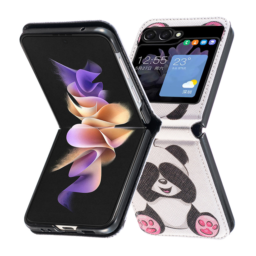 Uniqkart for Samsung Galaxy Z Flip5 5G PU Leather+PC Phone Case Pattern Printing Protective Cover - Panda
