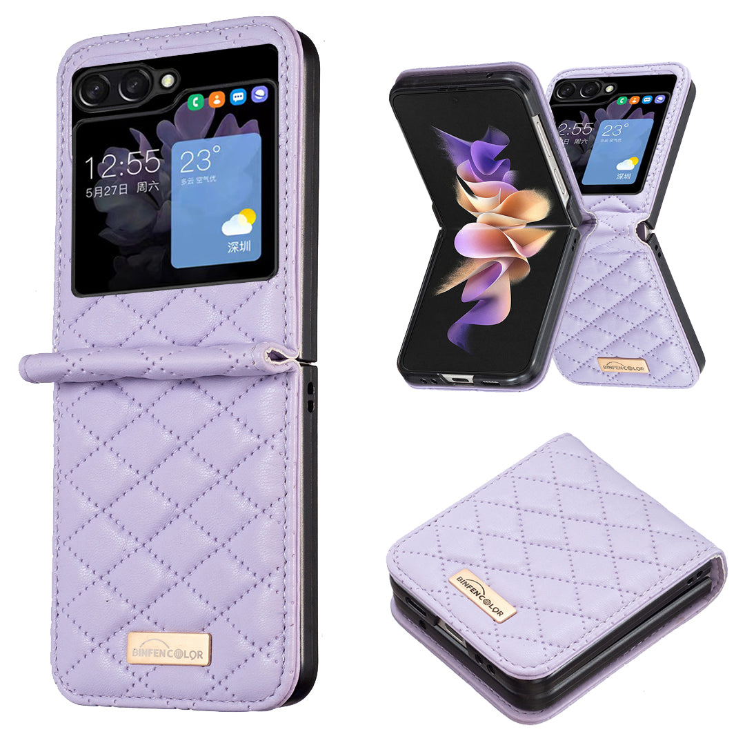 Binfen Color For Samsung Galaxy Z Flip5 5G PU Leather+PC Case Imprinted Rhombus Pattern Phone Cover - Purple