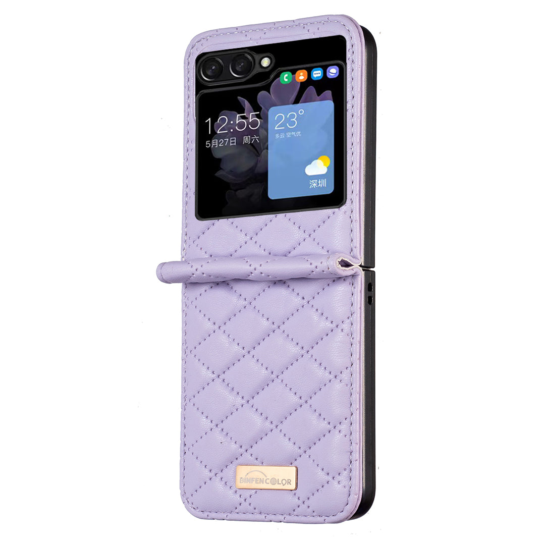 Binfen Color For Samsung Galaxy Z Flip5 5G PU Leather+PC Case Imprinted Rhombus Pattern Phone Cover - Purple