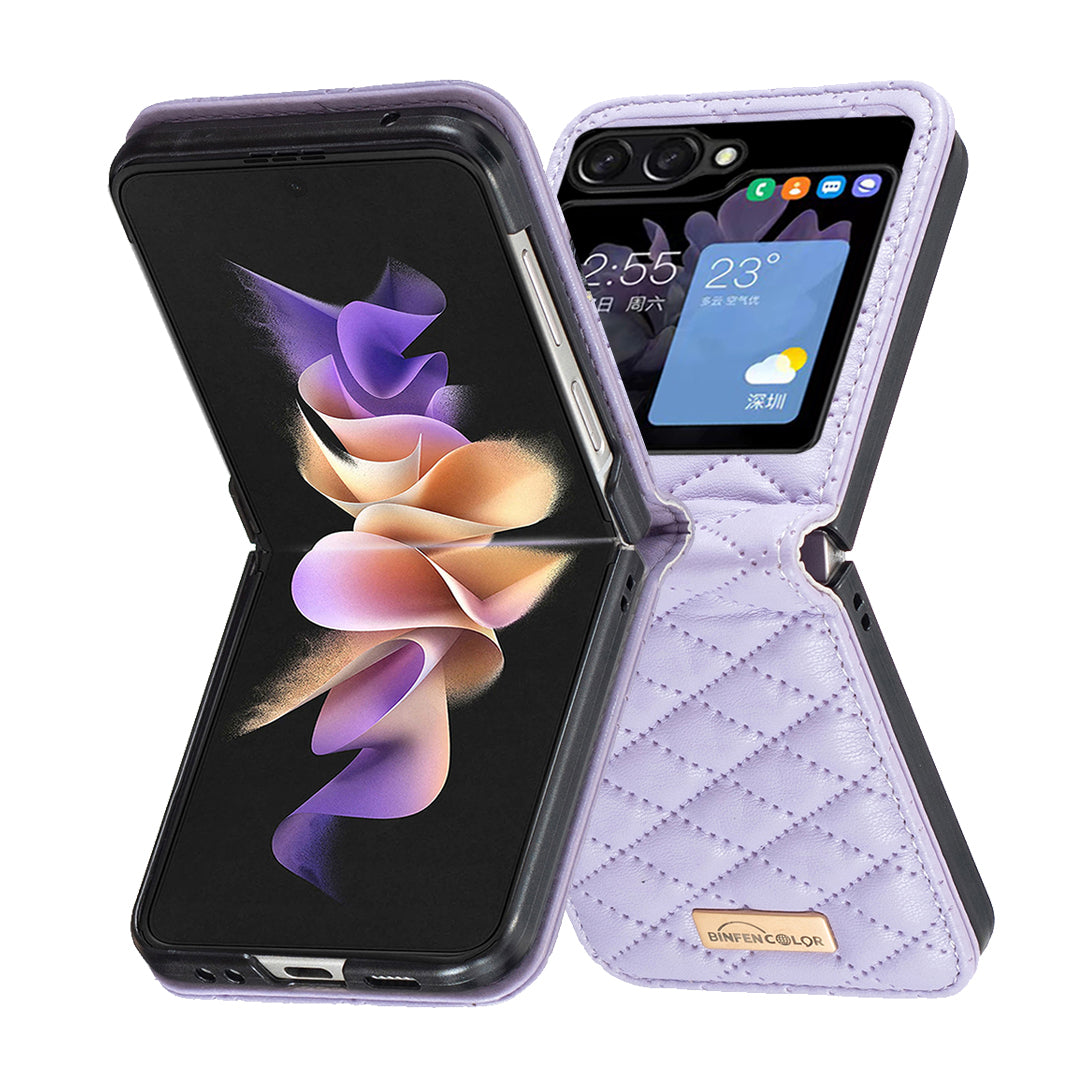 Binfen Color For Samsung Galaxy Z Flip5 5G PU Leather+PC Case Imprinted Rhombus Pattern Phone Cover - Purple