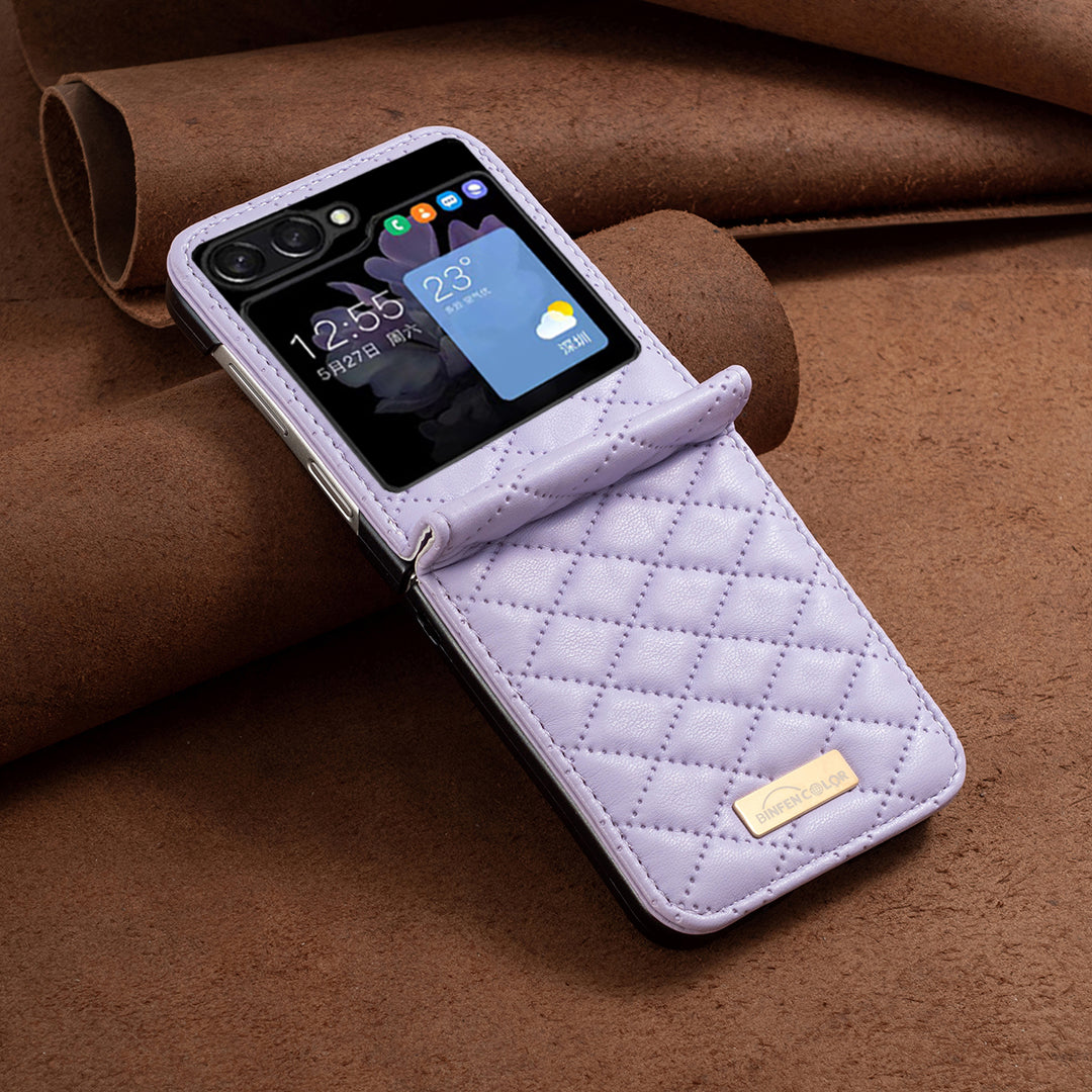 Binfen Color For Samsung Galaxy Z Flip5 5G PU Leather+PC Case Imprinted Rhombus Pattern Phone Cover - Purple