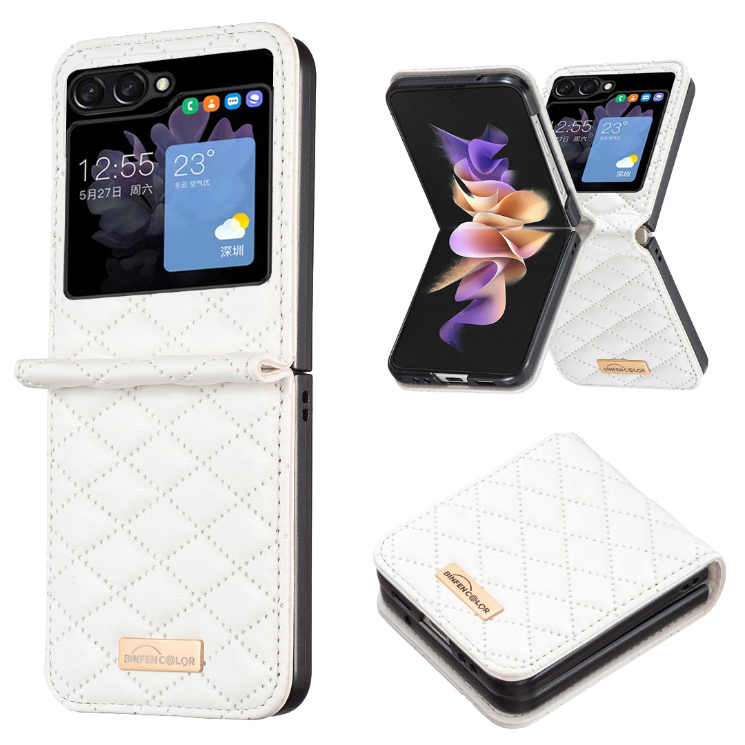 Binfen Color For Samsung Galaxy Z Flip5 5G PU Leather+PC Case Imprinted Rhombus Pattern Phone Cover - White