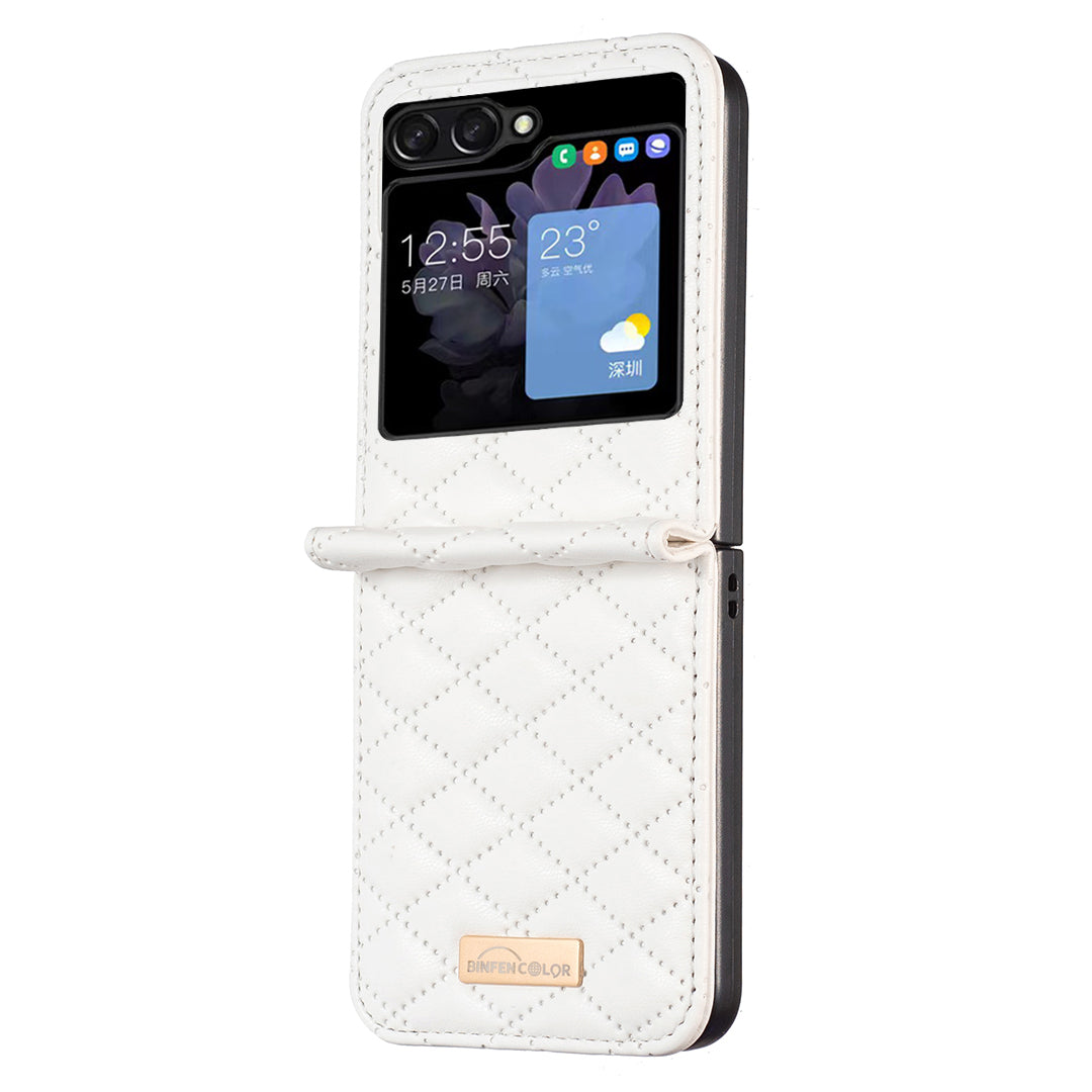 Binfen Color For Samsung Galaxy Z Flip5 5G PU Leather+PC Case Imprinted Rhombus Pattern Phone Cover - White