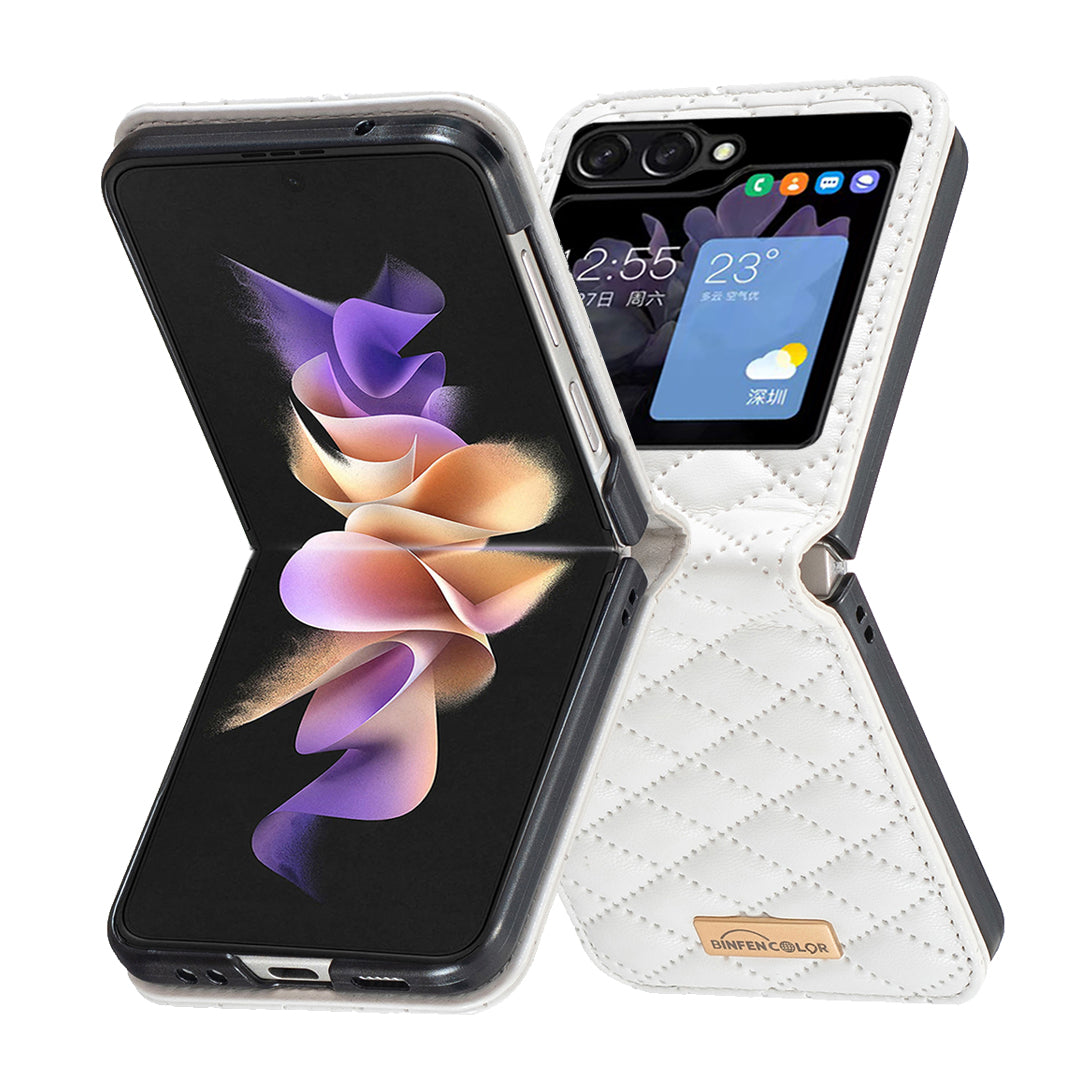 Binfen Color For Samsung Galaxy Z Flip5 5G PU Leather+PC Case Imprinted Rhombus Pattern Phone Cover - White