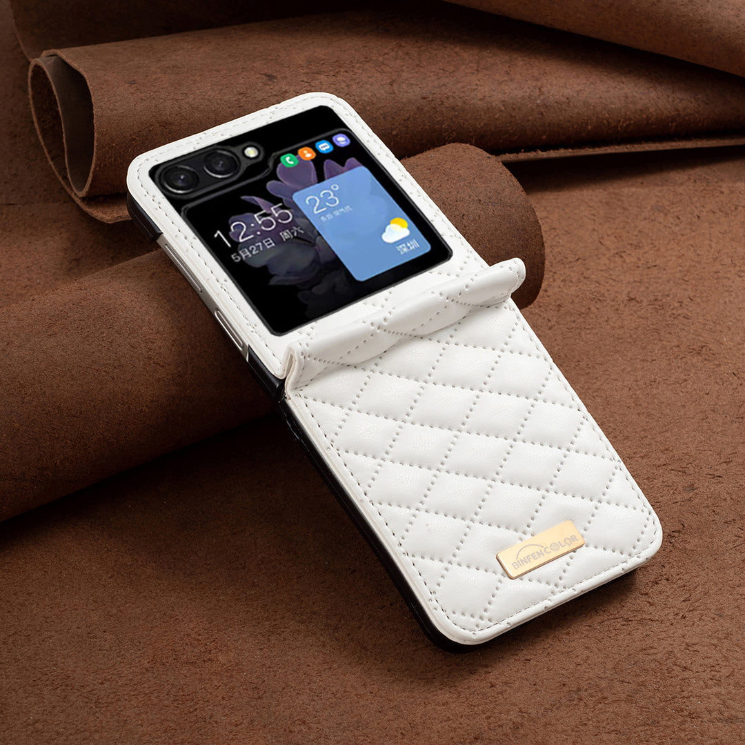 Binfen Color For Samsung Galaxy Z Flip5 5G PU Leather+PC Case Imprinted Rhombus Pattern Phone Cover - White