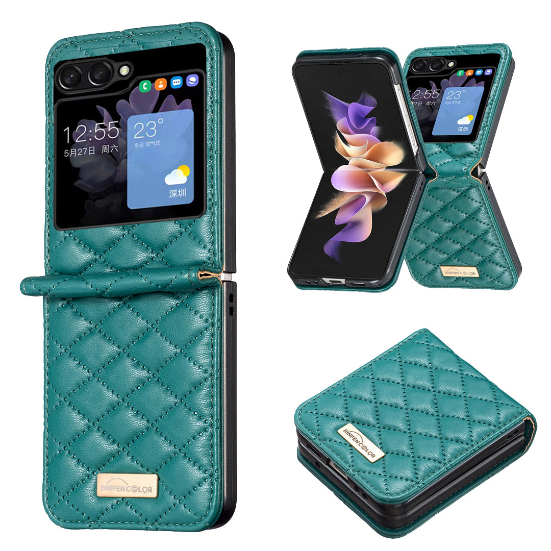 Binfen Color For Samsung Galaxy Z Flip5 5G PU Leather+PC Case Imprinted Rhombus Pattern Phone Cover - Green
