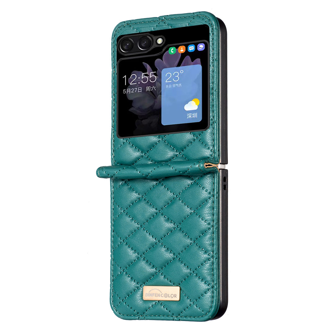 Binfen Color For Samsung Galaxy Z Flip5 5G PU Leather+PC Case Imprinted Rhombus Pattern Phone Cover - Green