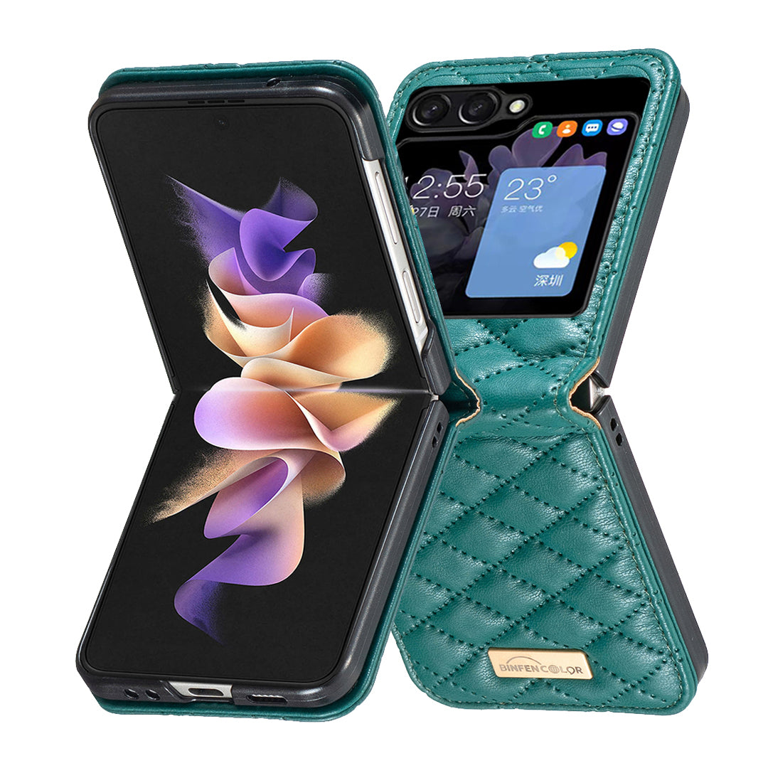 Binfen Color For Samsung Galaxy Z Flip5 5G PU Leather+PC Case Imprinted Rhombus Pattern Phone Cover - Green