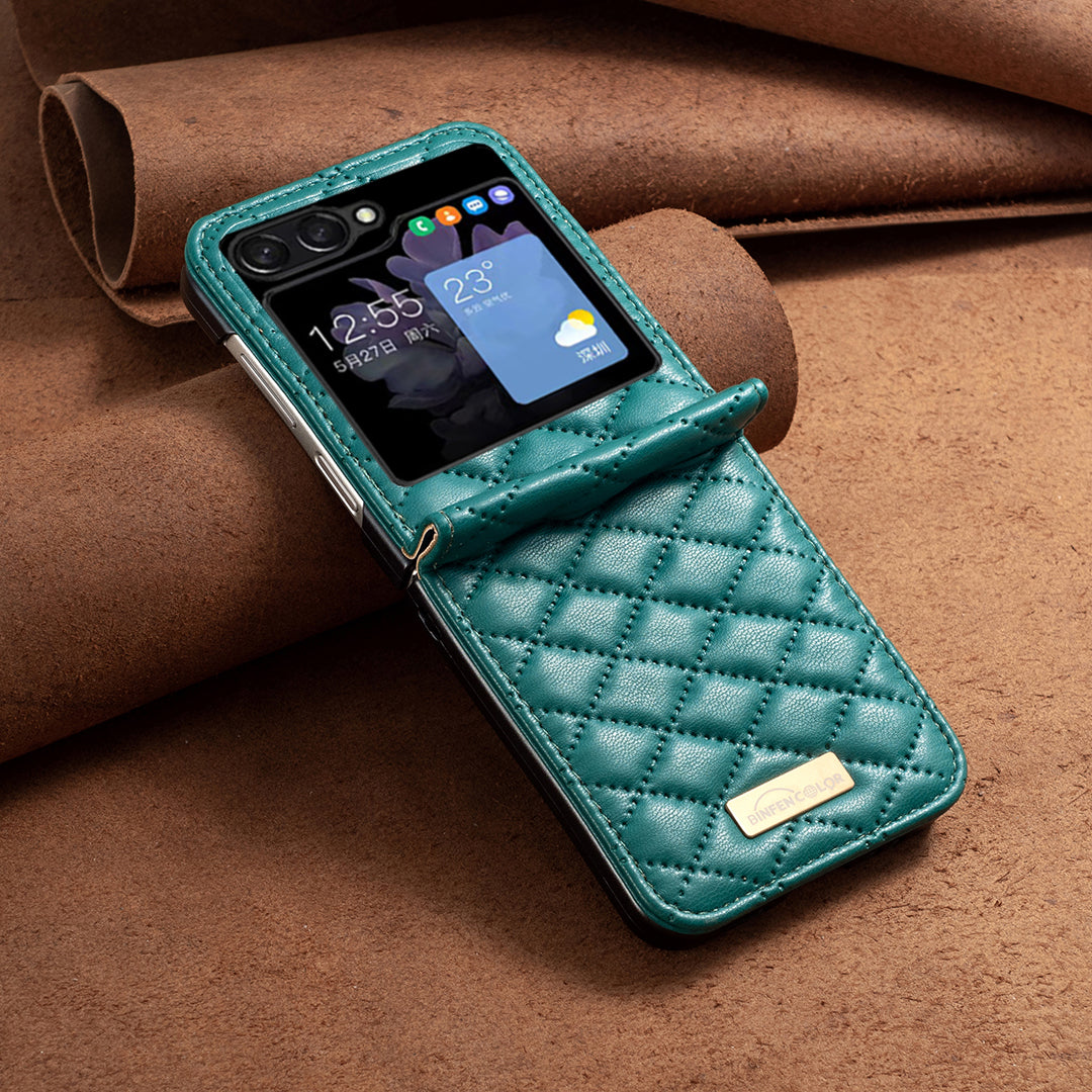 Binfen Color For Samsung Galaxy Z Flip5 5G PU Leather+PC Case Imprinted Rhombus Pattern Phone Cover - Green
