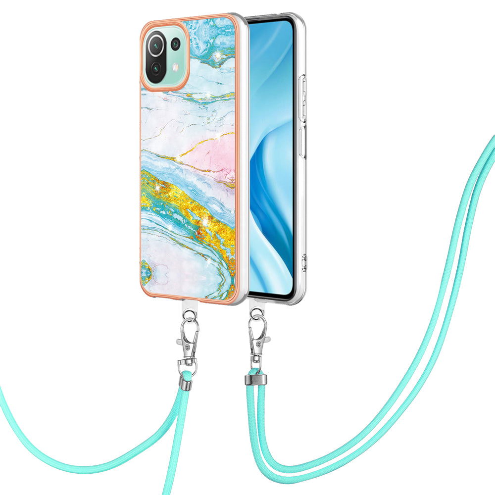 YB IMD Series-9 For Xiaomi 11 Lite 5G NE / Mi 11 Lite 4G / 5G Marble Pattern Case IMD Electroplated TPU Cover with Lanyard - Green 004