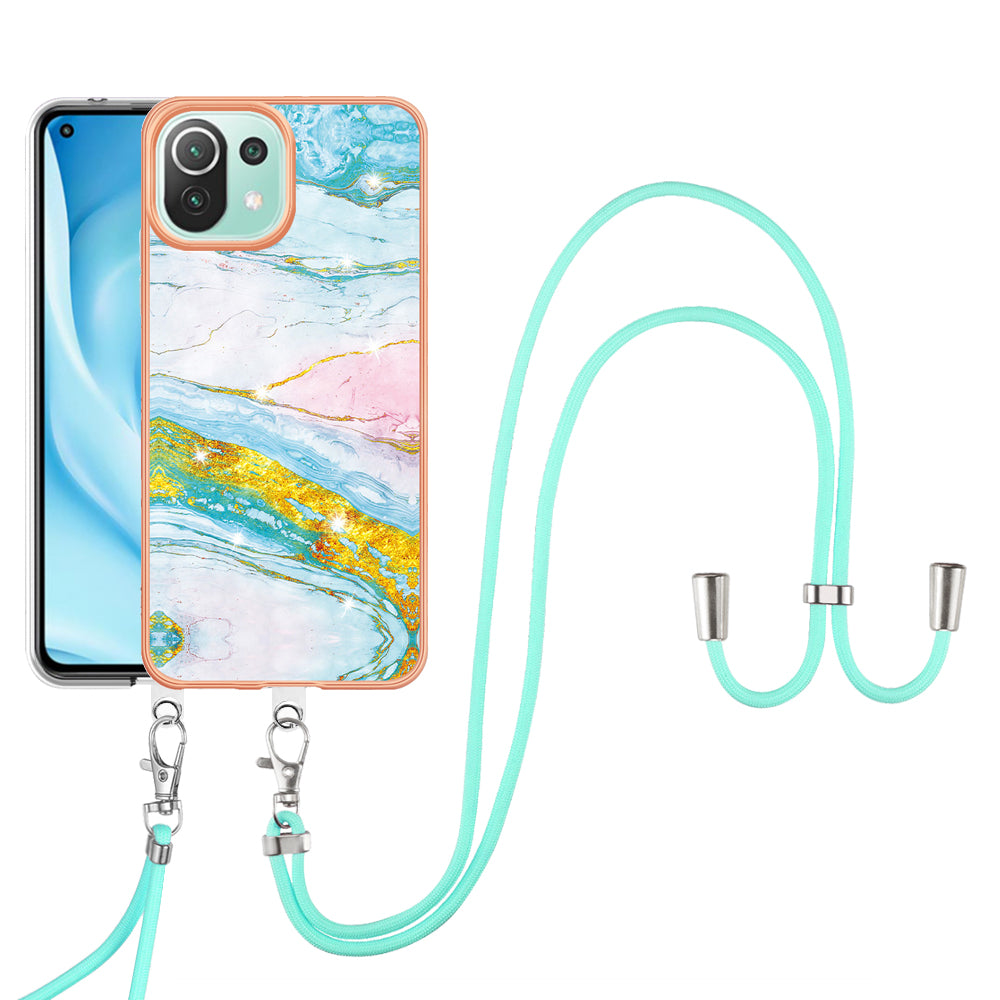 YB IMD Series-9 For Xiaomi 11 Lite 5G NE / Mi 11 Lite 4G / 5G Marble Pattern Case IMD Electroplated TPU Cover with Lanyard - Green 004