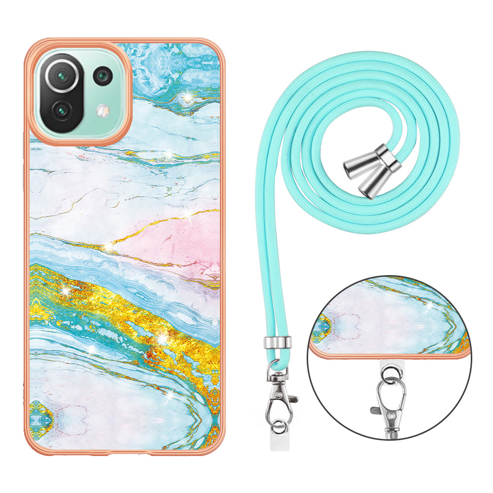 YB IMD Series-9 For Xiaomi 11 Lite 5G NE / Mi 11 Lite 4G / 5G Marble Pattern Case IMD Electroplated TPU Cover with Lanyard - Green 004