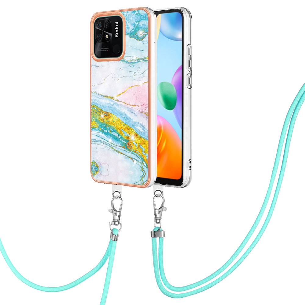 YB IMD Series-9 For Xiaomi Redmi 10C 4G IMD Marble Pattern Phone Case Electroplating Frame TPU Cover with Lanyard - Green 004