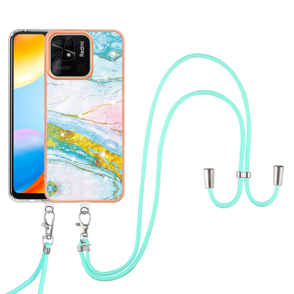 YB IMD Series-9 For Xiaomi Redmi 10C 4G IMD Marble Pattern Phone Case Electroplating Frame TPU Cover with Lanyard - Green 004
