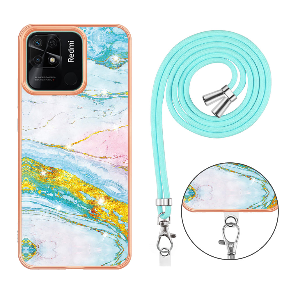YB IMD Series-9 For Xiaomi Redmi 10C 4G IMD Marble Pattern Phone Case Electroplating Frame TPU Cover with Lanyard - Green 004