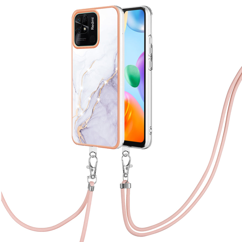 YB IMD Series-9 For Xiaomi Redmi 10C 4G IMD Marble Pattern Phone Case Electroplating Frame TPU Cover with Lanyard - White 006