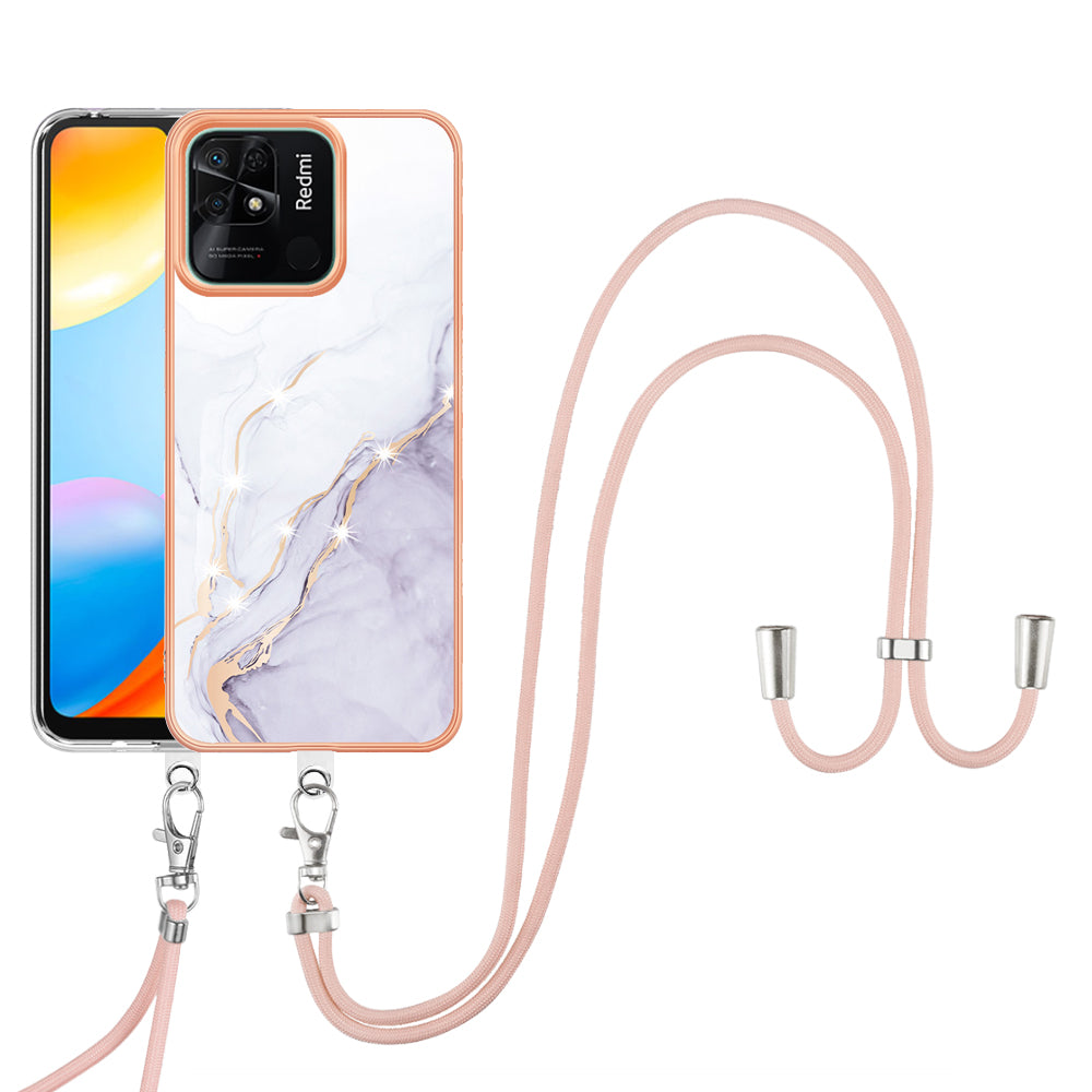 YB IMD Series-9 For Xiaomi Redmi 10C 4G IMD Marble Pattern Phone Case Electroplating Frame TPU Cover with Lanyard - White 006