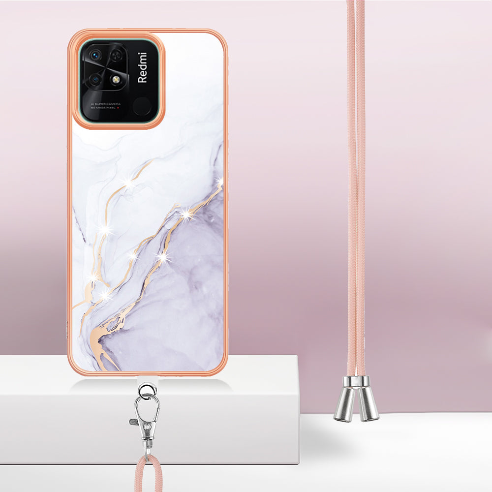 YB IMD Series-9 For Xiaomi Redmi 10C 4G IMD Marble Pattern Phone Case Electroplating Frame TPU Cover with Lanyard - White 006