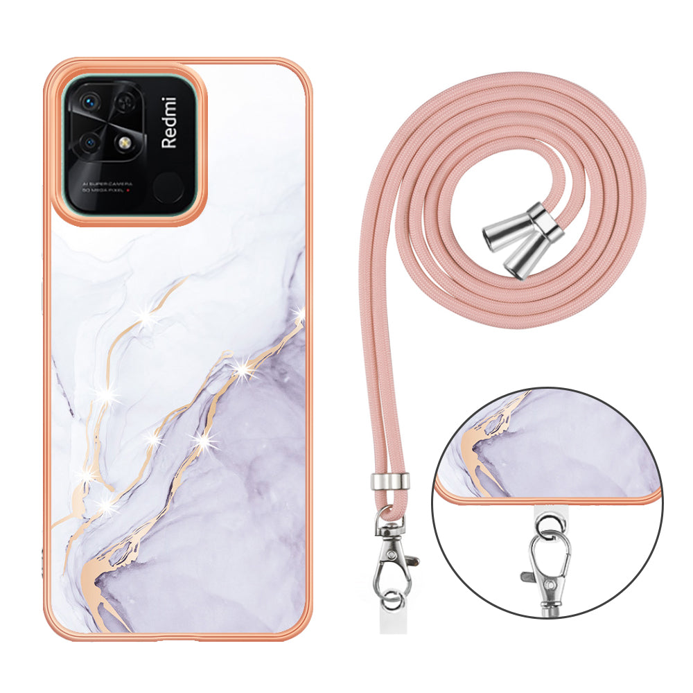 YB IMD Series-9 For Xiaomi Redmi 10C 4G IMD Marble Pattern Phone Case Electroplating Frame TPU Cover with Lanyard - White 006