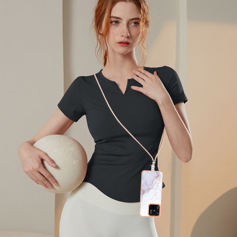 YB IMD Series-9 For Xiaomi Redmi 10C 4G IMD Marble Pattern Phone Case Electroplating Frame TPU Cover with Lanyard - White 006