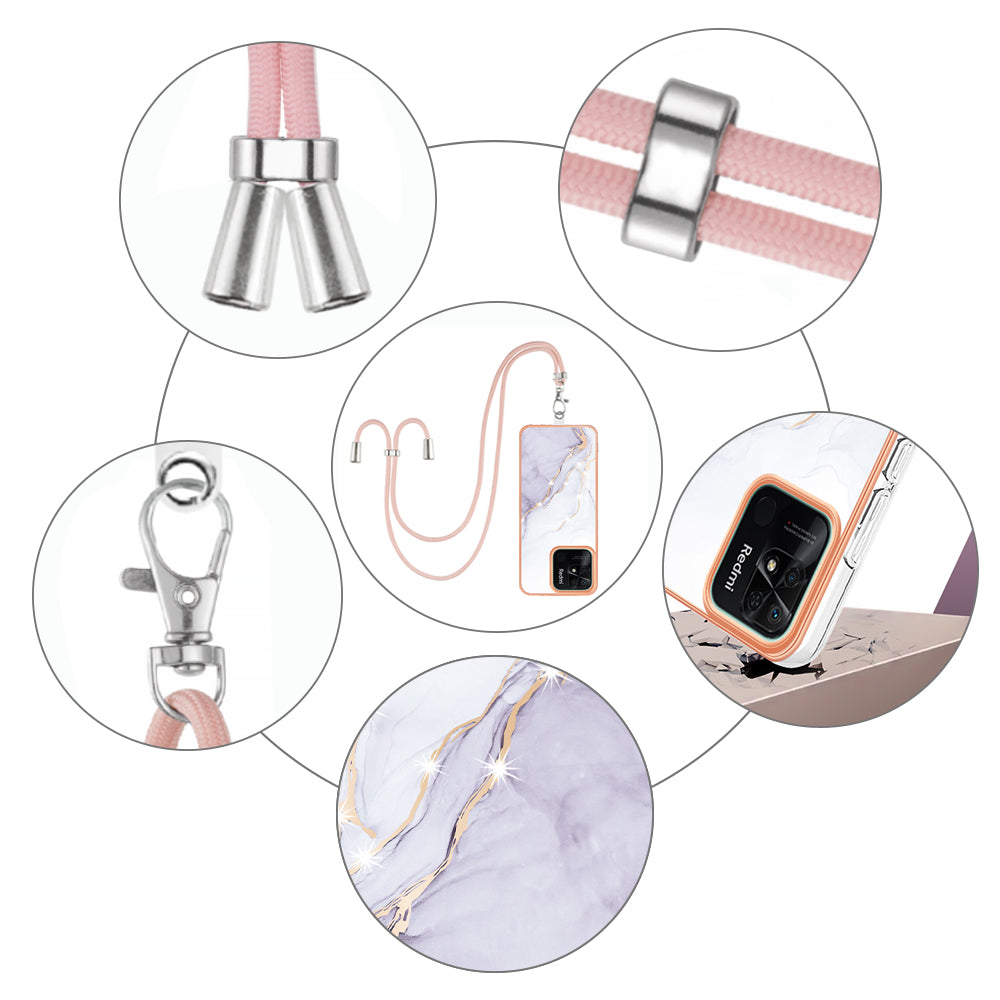 YB IMD Series-9 For Xiaomi Redmi 10C 4G IMD Marble Pattern Phone Case Electroplating Frame TPU Cover with Lanyard - White 006