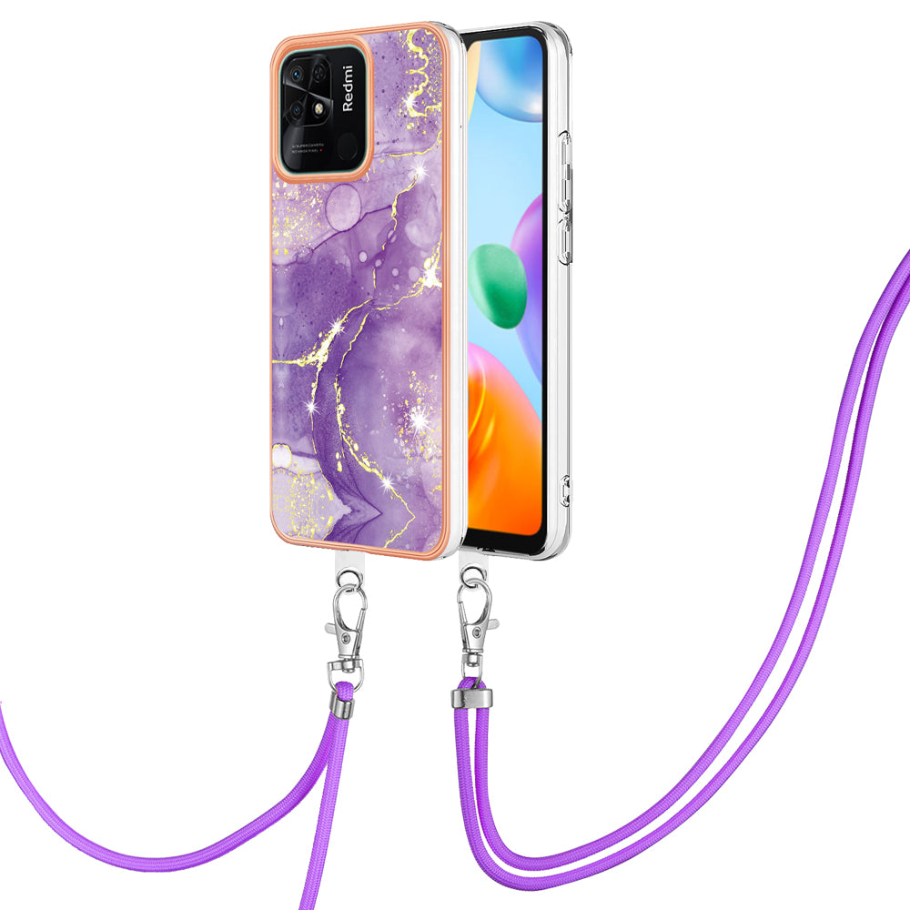 YB IMD Series-9 For Xiaomi Redmi 10C 4G IMD Marble Pattern Phone Case Electroplating Frame TPU Cover with Lanyard - Purple 002