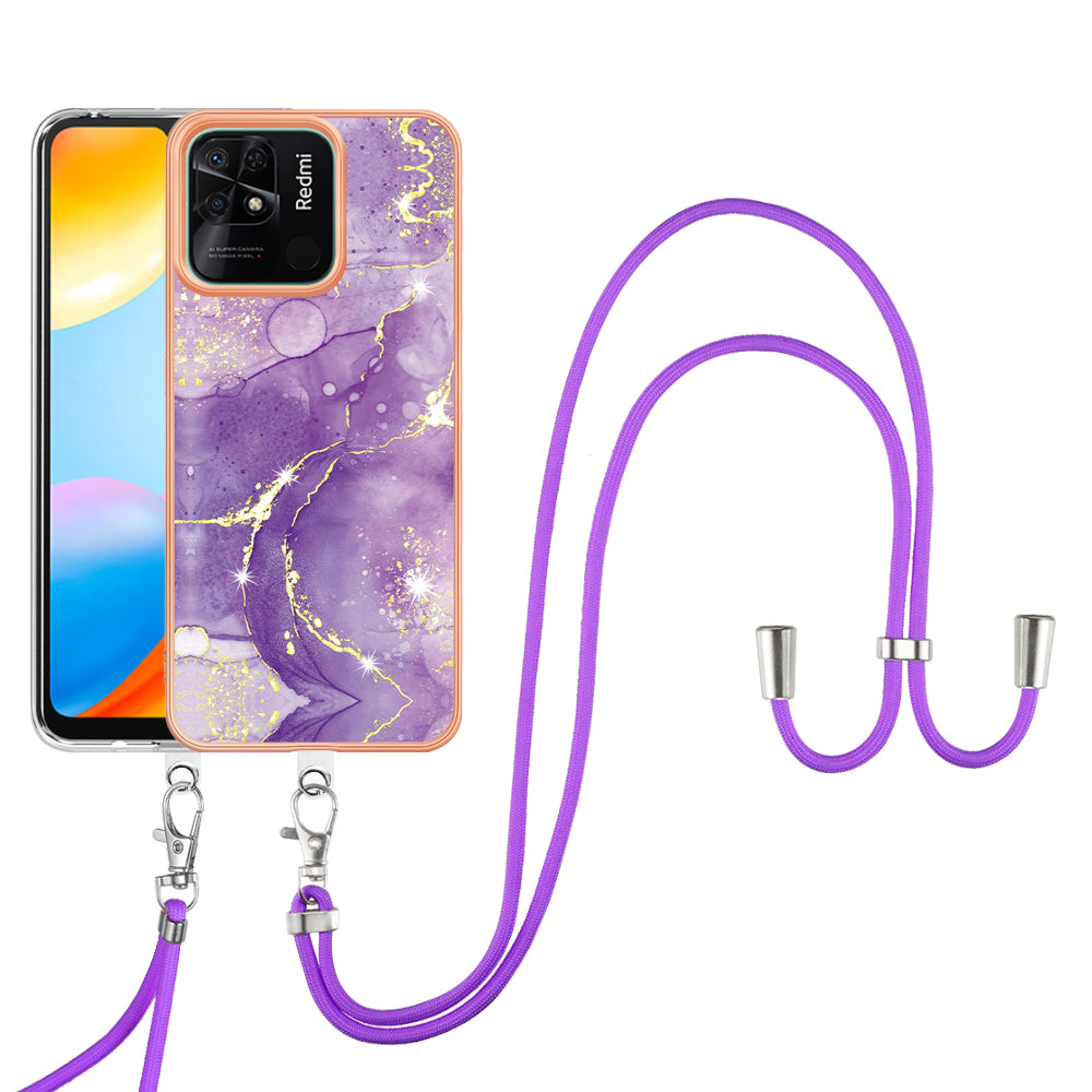 YB IMD Series-9 For Xiaomi Redmi 10C 4G IMD Marble Pattern Phone Case Electroplating Frame TPU Cover with Lanyard - Purple 002