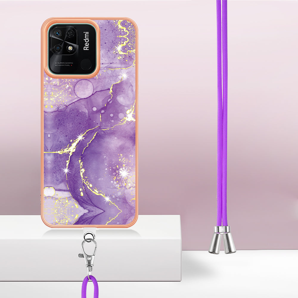 YB IMD Series-9 For Xiaomi Redmi 10C 4G IMD Marble Pattern Phone Case Electroplating Frame TPU Cover with Lanyard - Purple 002