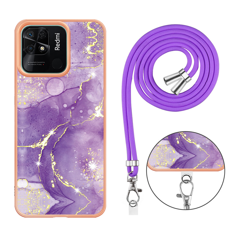 YB IMD Series-9 For Xiaomi Redmi 10C 4G IMD Marble Pattern Phone Case Electroplating Frame TPU Cover with Lanyard - Purple 002