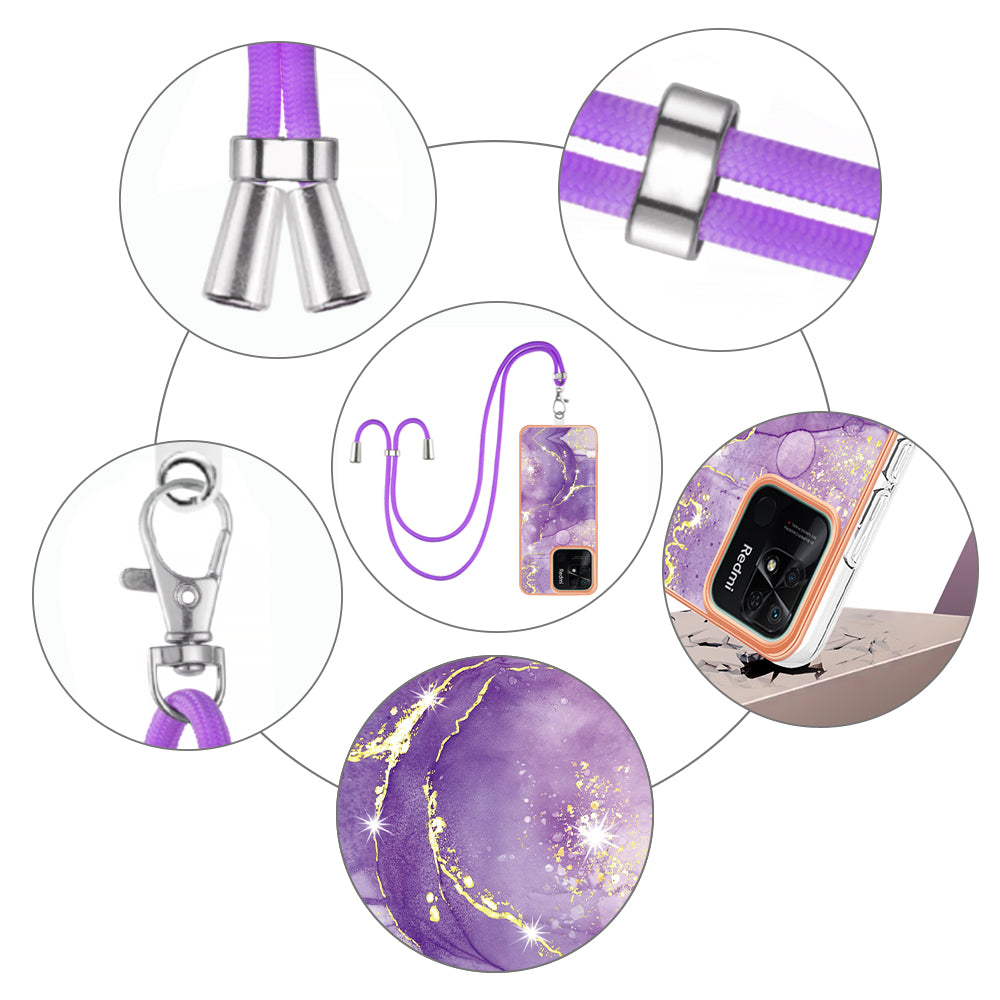 YB IMD Series-9 For Xiaomi Redmi 10C 4G IMD Marble Pattern Phone Case Electroplating Frame TPU Cover with Lanyard - Purple 002