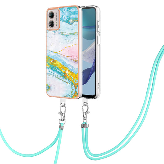YB IMD Series-9 For Motorola Moto G53 5G / G13 4G TPU Cover Electroplated IMD Marble Pattern Phone Case with Lanyard - Green 004