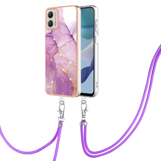 YB IMD Series-9 For Motorola Moto G53 5G / G13 4G TPU Cover Electroplated IMD Marble Pattern Phone Case with Lanyard - Purple 001