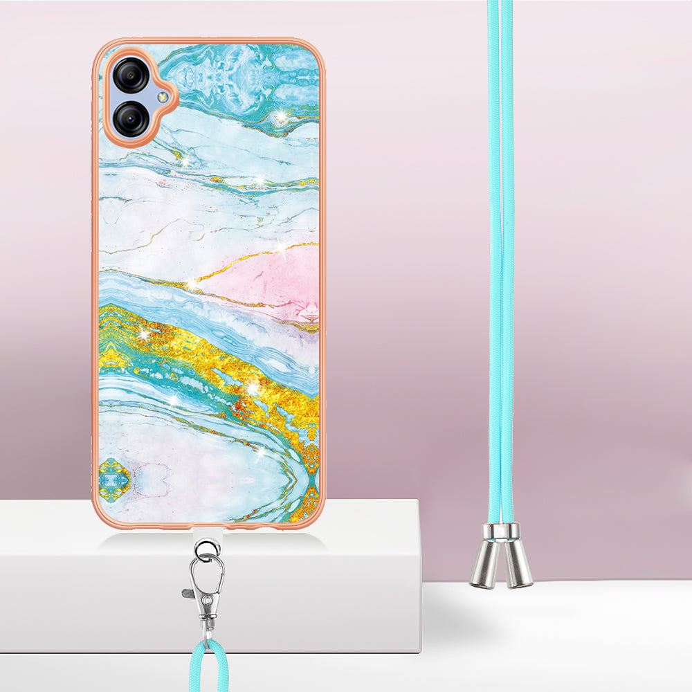 YB IMD Series-9 For Samsung Galaxy A04e / F04 / M04 4G Marble Pattern Case Electroplated IMD TPU Cover with Lanyard - Green 004