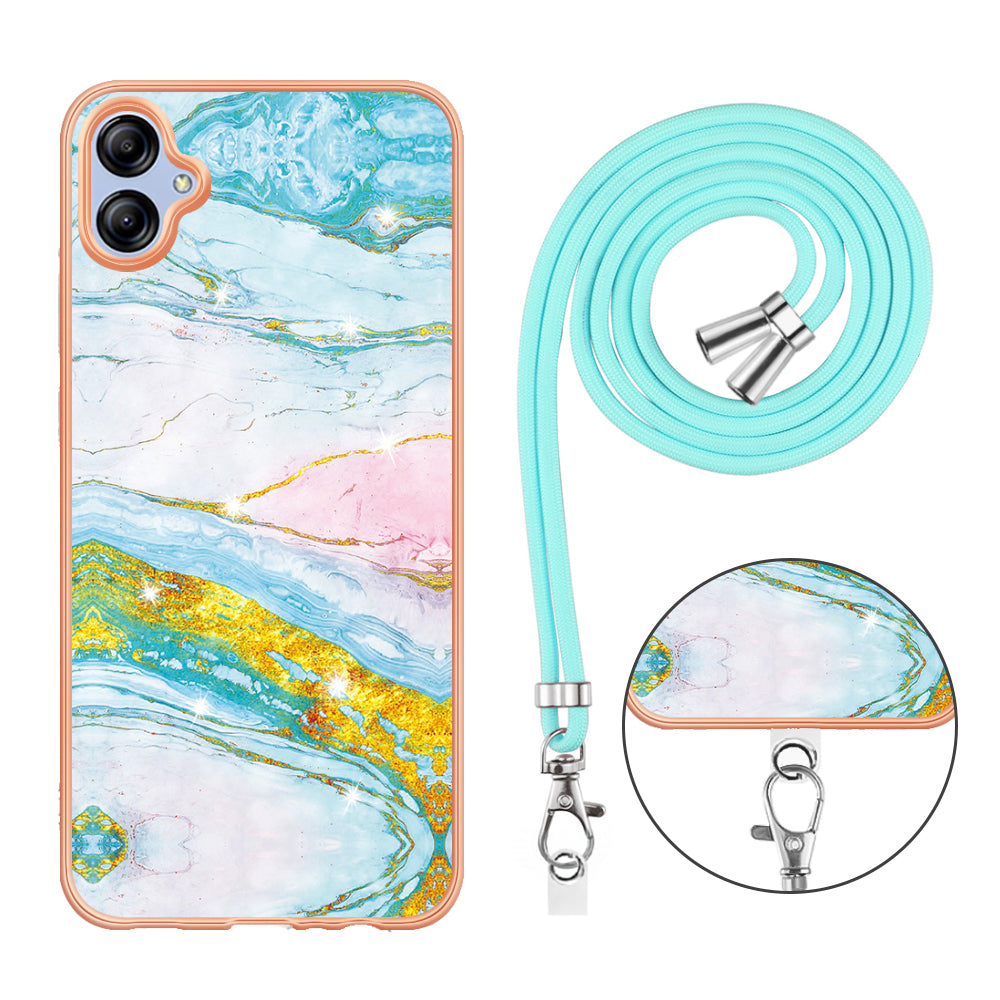YB IMD Series-9 For Samsung Galaxy A04e / F04 / M04 4G Marble Pattern Case Electroplated IMD TPU Cover with Lanyard - Green 004