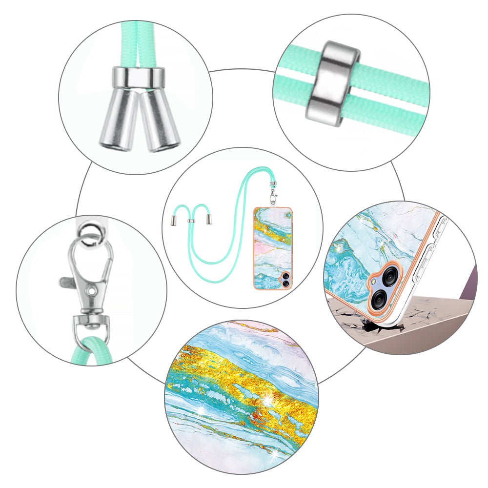 YB IMD Series-9 For Samsung Galaxy A04e / F04 / M04 4G Marble Pattern Case Electroplated IMD TPU Cover with Lanyard - Green 004