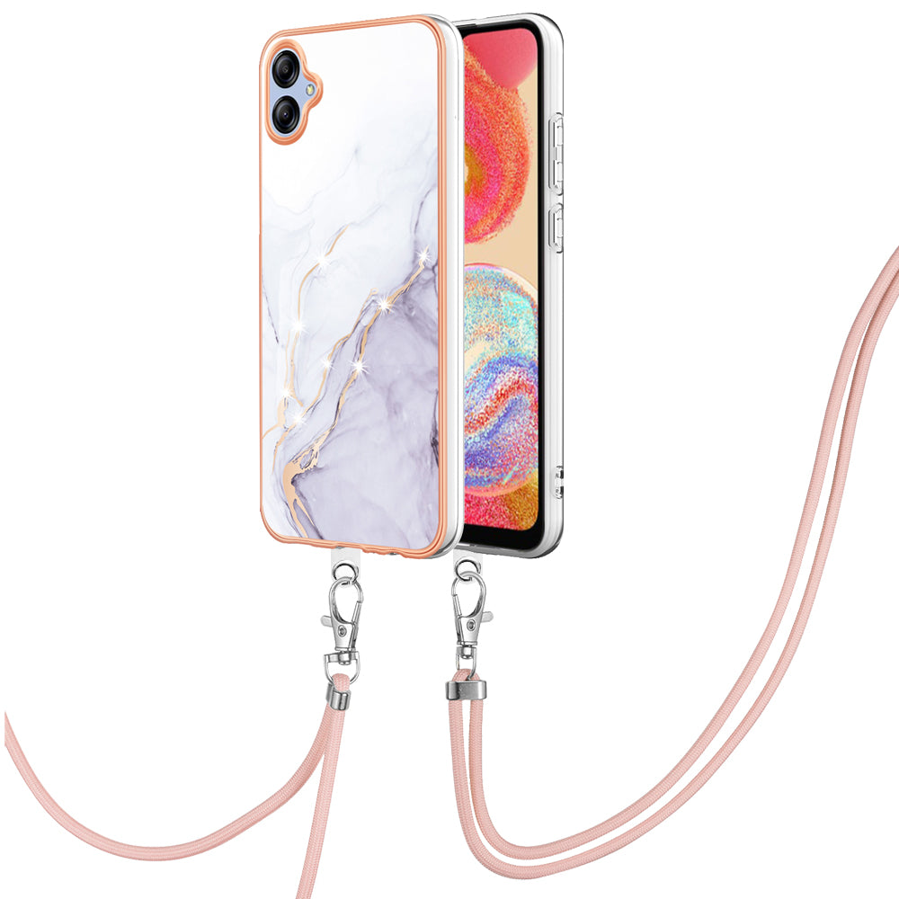 YB IMD Series-9 For Samsung Galaxy A04e / F04 / M04 4G Marble Pattern Case Electroplated IMD TPU Cover with Lanyard - White 006
