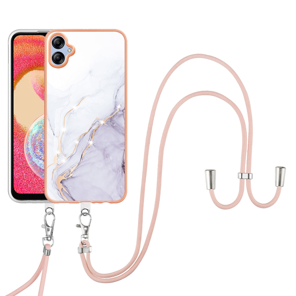 YB IMD Series-9 For Samsung Galaxy A04e / F04 / M04 4G Marble Pattern Case Electroplated IMD TPU Cover with Lanyard - White 006