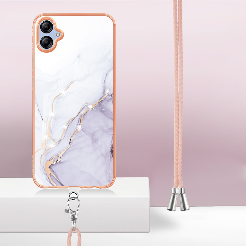 YB IMD Series-9 For Samsung Galaxy A04e / F04 / M04 4G Marble Pattern Case Electroplated IMD TPU Cover with Lanyard - White 006
