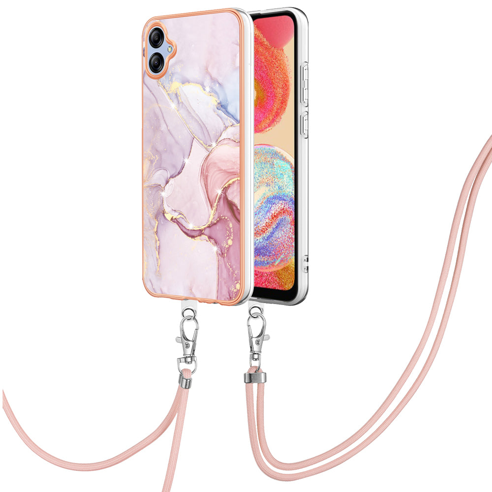 YB IMD Series-9 For Samsung Galaxy A04e / F04 / M04 4G Marble Pattern Case Electroplated IMD TPU Cover with Lanyard - Rose Gold 005