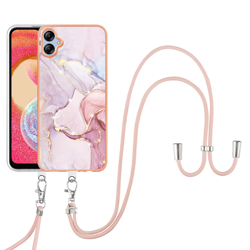 YB IMD Series-9 For Samsung Galaxy A04e / F04 / M04 4G Marble Pattern Case Electroplated IMD TPU Cover with Lanyard - Rose Gold 005