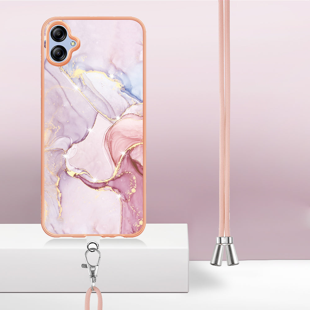 YB IMD Series-9 For Samsung Galaxy A04e / F04 / M04 4G Marble Pattern Case Electroplated IMD TPU Cover with Lanyard - Rose Gold 005