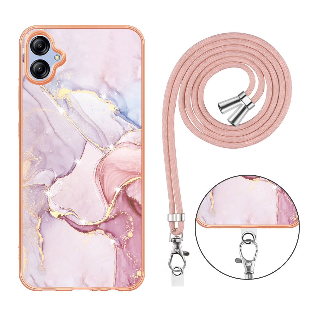 YB IMD Series-9 For Samsung Galaxy A04e / F04 / M04 4G Marble Pattern Case Electroplated IMD TPU Cover with Lanyard - Rose Gold 005