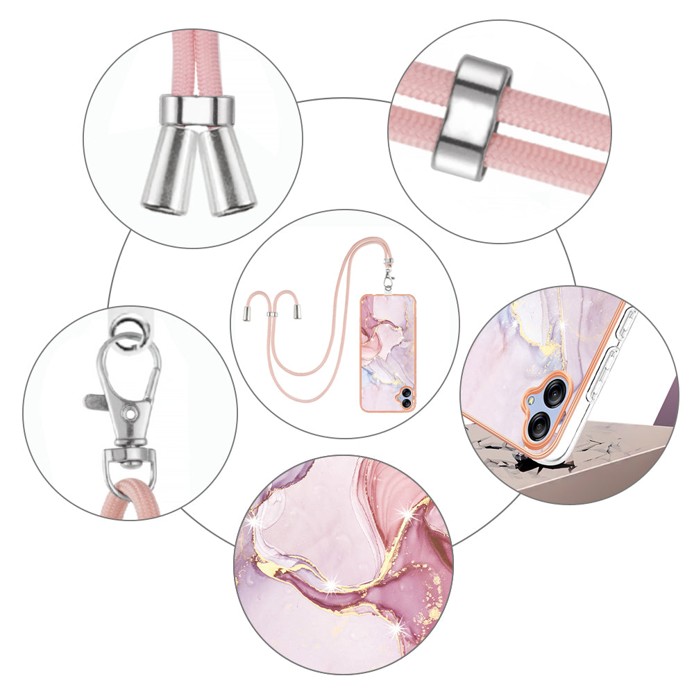 YB IMD Series-9 For Samsung Galaxy A04e / F04 / M04 4G Marble Pattern Case Electroplated IMD TPU Cover with Lanyard - Rose Gold 005