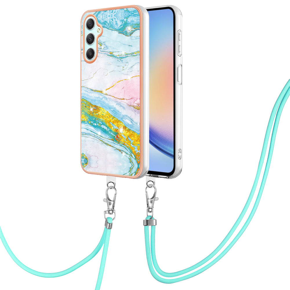 YB IMD Series-9 Marble Pattern Phone Case for Samsung Galaxy A24 4G IMD Electroplating TPU Cover with Lanyard - Green 004