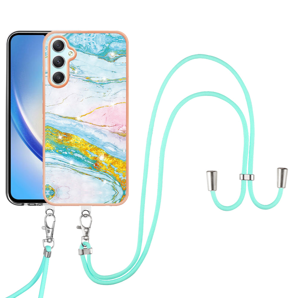 YB IMD Series-9 Marble Pattern Phone Case for Samsung Galaxy A24 4G IMD Electroplating TPU Cover with Lanyard - Green 004