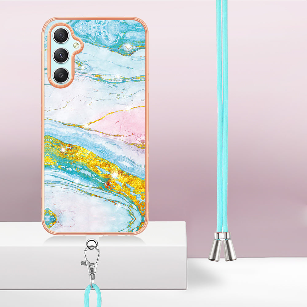 YB IMD Series-9 Marble Pattern Phone Case for Samsung Galaxy A24 4G IMD Electroplating TPU Cover with Lanyard - Green 004